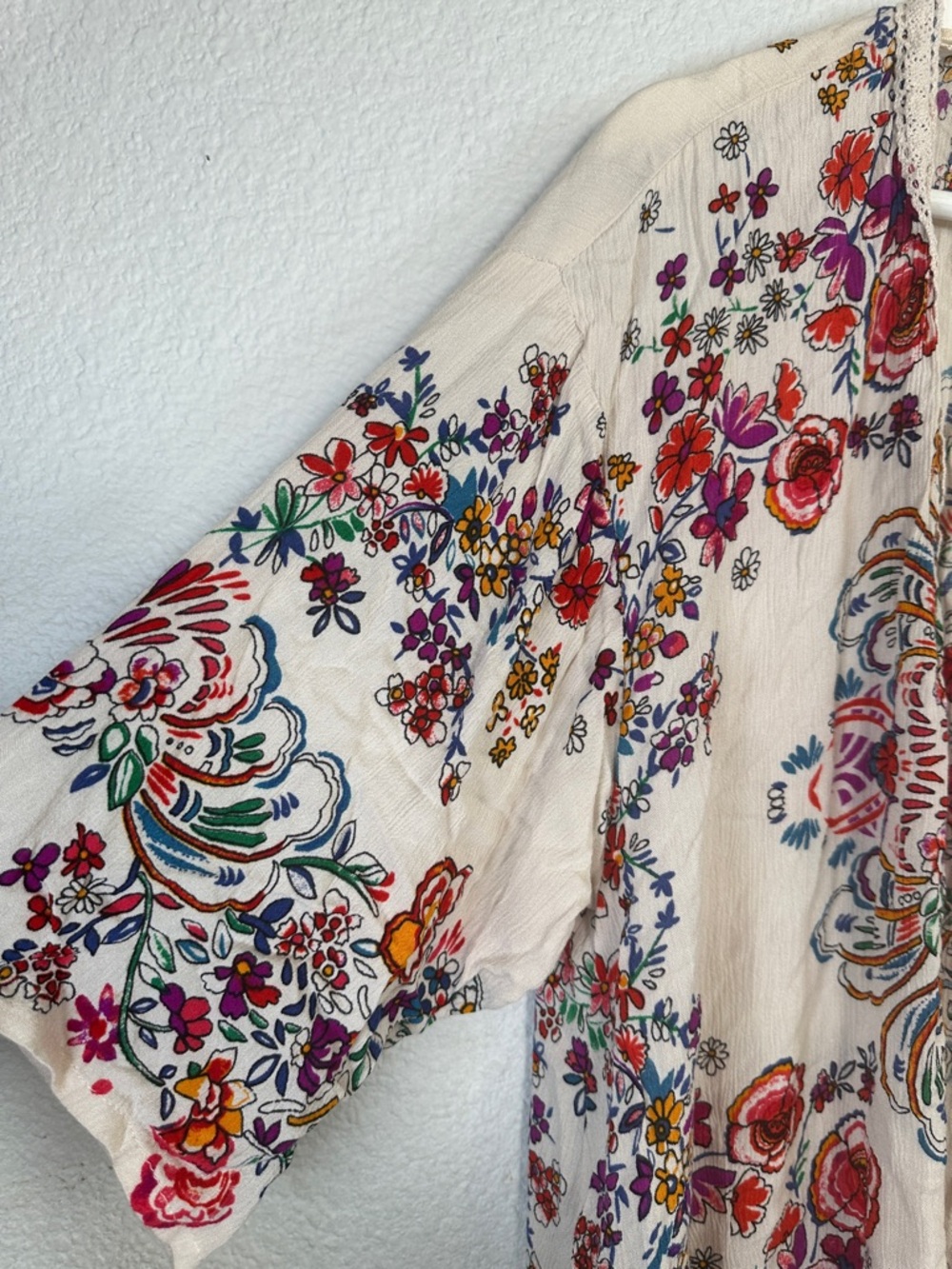 Bila Boho Hippie Floral Long Kimono Duster Cover-Up Cardigan XS/S Lace Trim - Picture 4 of 12